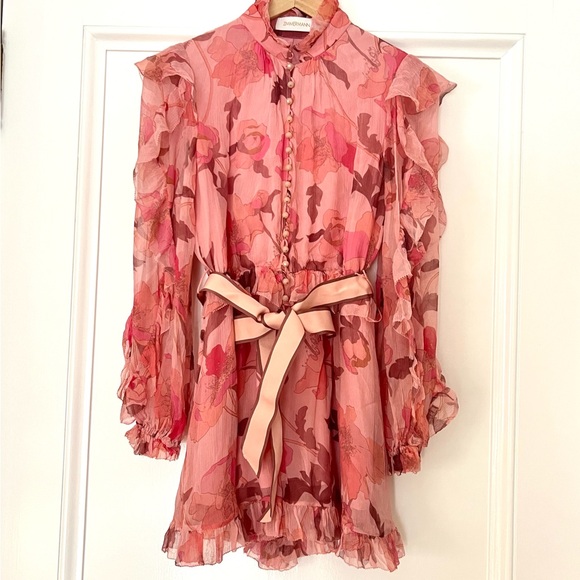 Zimmermann Pants - Zimmerman | Playsuit Ruffle Pink Floral Printed Silk with Belt. Size Petite OP
